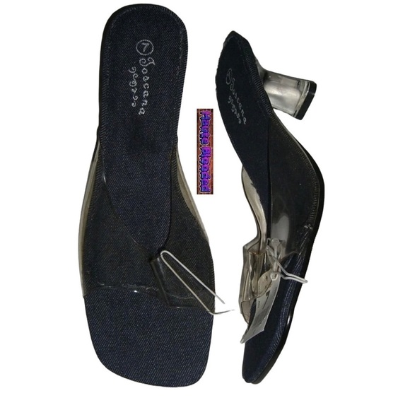 Vintage 90s y2k Deadstock Clear Lucite Plastic Denim Slides Square Toe Heels 7 - Picture 4 of 15